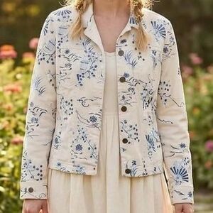 GW Jeans Co White Asian Floral Fan Embroidered Jacket Medium Cottagecore artwear